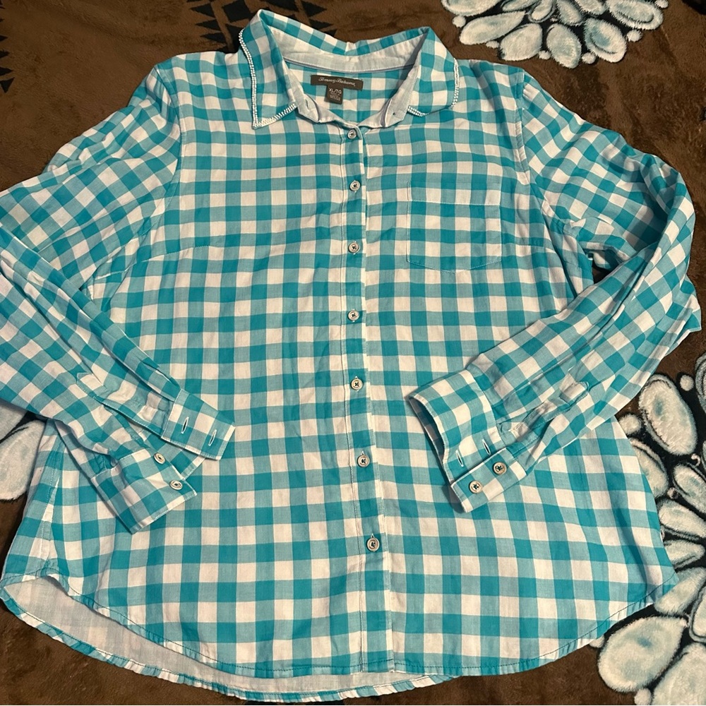 Tommy Bahama Women XL  Turquoise Green Checkered Button Down Shirt